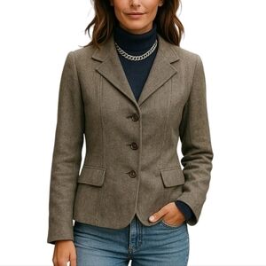 Escada Virgin Wool Tailored Pleated Blazer in Brown and Cream Size 10 / EU 44